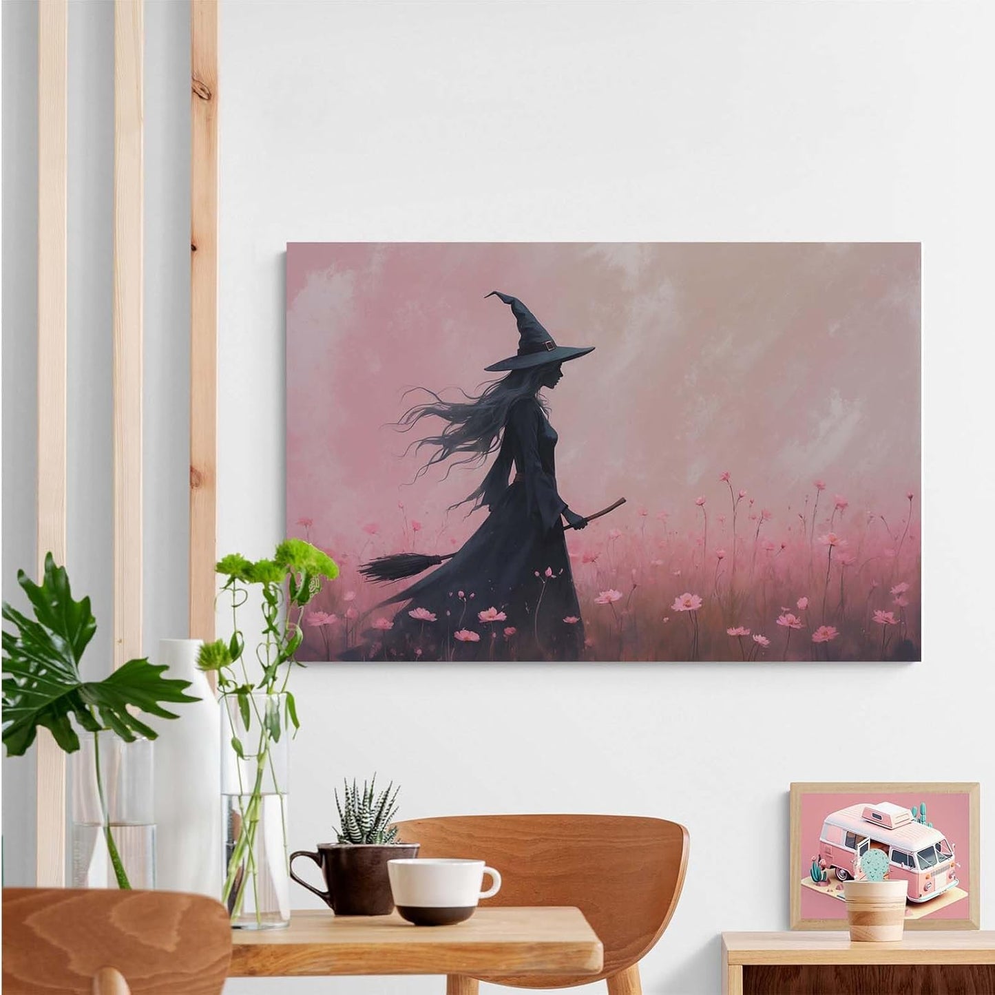 JFHCQJPK Witch in the pink sea of flowers Halloween prints weird flowers wall art silhouette painting fashionable romantic decoration suitable for bedroom24x36in Frameless