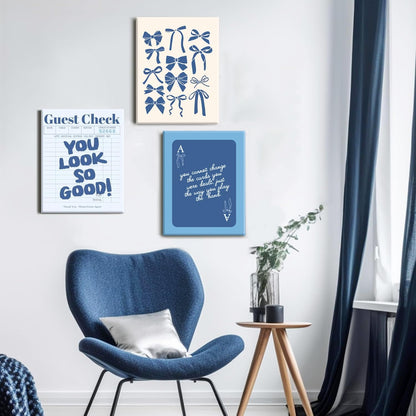 Blue Preppy Wall Art Framed Set of 3 Trendy Navy Bow Posters Retro Guest Check Canvas Prints Poker Painting Minimalist Positive Quote Picture Room Decor Aesthetic for Living Room Dorm Apartment16x24in