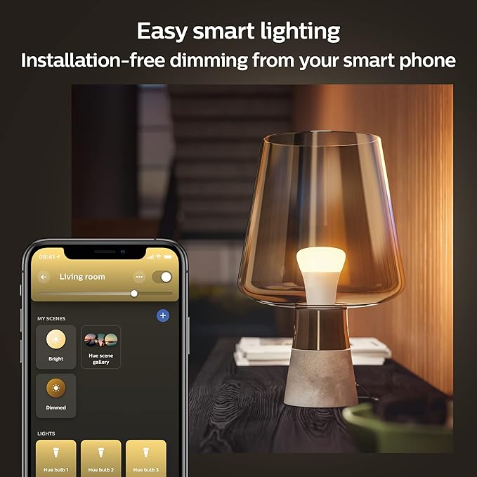 Philips Hue Smart LED A19 Bulb, Warm White Light 2700K, E26 Base, 9W, 810 Lumens, Dimmable, Works with Alexa, Google Assistant, and Apple Home, 2pk