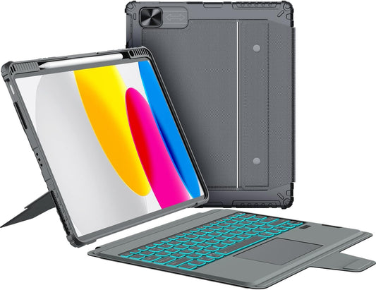 Nillkin for iPad A16 11th 10th Generation Case with Keyboard, Slide Camera Cover, Backlit Detachable Wireless Keyboard with Pencil Holder and Multi-Touch Trackpad for iPad (A16) 11th/10th Gen - Grey
