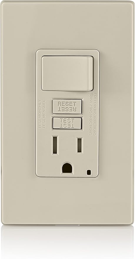Leviton GFCI Combination Outlet with Switch, 15 Amp, Self Test, Tamper-Resistant with LED Indicator Light, Saves Space, GFSW1-T, Light Almond