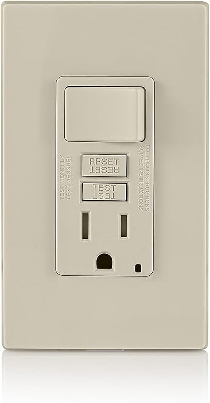 Leviton GFCI Combination Outlet with Switch, 15 Amp, Self Test, Tamper-Resistant with LED Indicator Light, Saves Space, GFSW1-T, Light Almond
