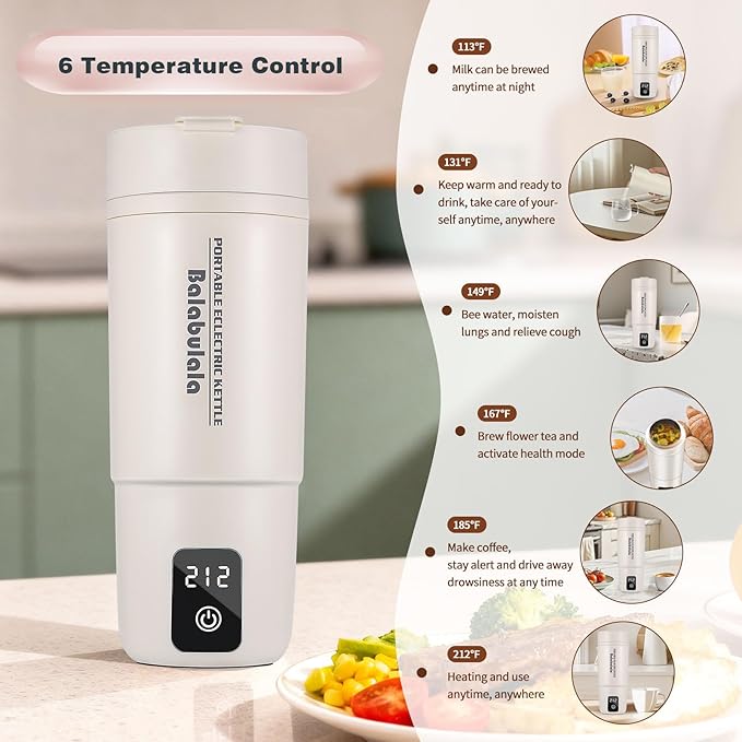 Travel Electric Kettle, Balabulala Portable Water Boiler with 6 Variable Presets,Small Electric Kettle with Keep Warm Temperature Controls & Boil Dry Protection, 17oz,Whitie