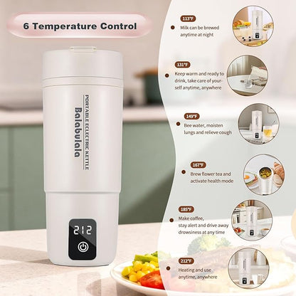 Travel Electric Kettle, Balabulala Portable Water Boiler with 6 Variable Presets,Small Electric Kettle with Keep Warm Temperature Controls & Boil Dry Protection, 17oz,Whitie