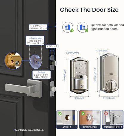 Veise VE027 Built-in Wi-Fi Smart Lock, Fingerprint Keyless Entry Front Door Lock, App Remote & Voice Control, No Hub Needed, Touchscreen Keypad Deadbolt, IP65 Waterproof, BHMA Grade 3, Satin Nickel