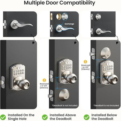 Veise Keypad Door Knob Lock, Keyless Entry Digital Lock with Handle, Electronic Smart Knob for Front Door & Bedroom, Easy Install, Auto Lock, Passage Mode, Anti-Peeping Password, Satin Nickel