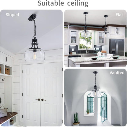WUZUPS Chandelier Rustic Farmhouse Industrial Round Ceiling Pendant LED Light Fixture with Clear Glass Shades for Dining Room Kitchen Island Foyer Entryway, H 13" x W 10", E26 Base, Black