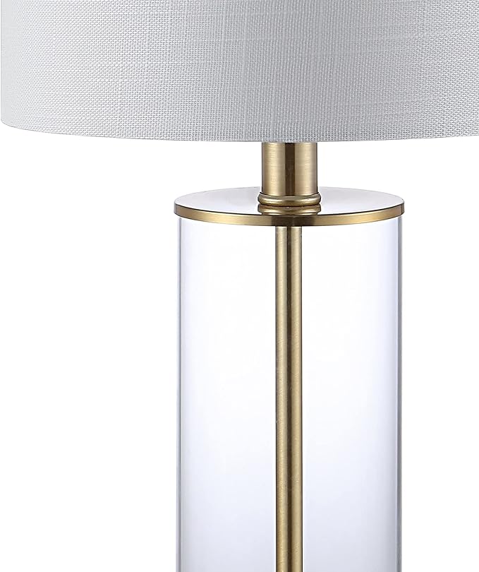 JONATHAN Y 21" Brass Gold Modern Glass Table Lamp Set of 2, Bedside Nightstand Lamps with USB Charging Port, White Linen Shade, LED Bulbs Included (JYL8500B-SET2)