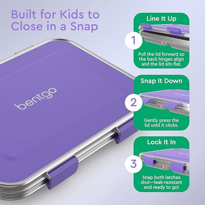 Bentgo Kids Stainless Steel Leak-Resistant Lunch Box - 3-Compartments with Bonus Silicone Container, Durable, Eco-Friendly, Dishwasher Safe, BPA-Free, Ideal for School, Ages 3+ (Purple)