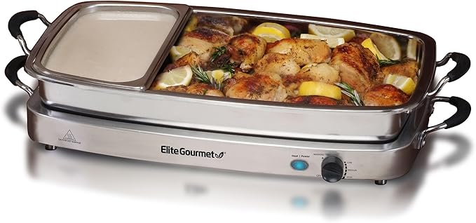 Elite Gourmet EWM-9933 Triple 3 x 2.5 Quart Trays Buffet Server 7.5 Qt Oven Safe Pan Food Warmer, Temperature Control, Clear Slotted Lids, Perfect for Parties, Entertaining & Holidays, Stainless Steel