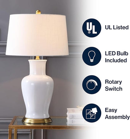 JONATHAN Y 29" White/Gold Traditional Ceramic Urn LED Table Lamp for Bedroom Decor, White Linen Drum Shade, Classic Nightstand Lamp for Living Room, LED Bulb Included JYL4026A
