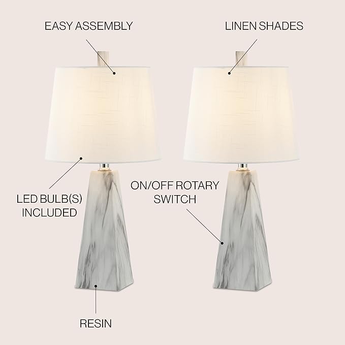 JONATHAN Y 20.5" White Marble Finish Modern Resin Table Lamp for Bedroom Living Room, Contemporary Faceted Bedside Lamp with White Linen Shade, LED Bulb Included (JYL1037A-SET2)