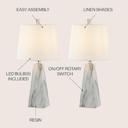 JONATHAN Y 20.5" White Marble Finish Modern Resin Table Lamp for Bedroom Living Room, Contemporary Faceted Bedside Lamp with White Linen Shade, LED Bulb Included (JYL1037A-SET2)