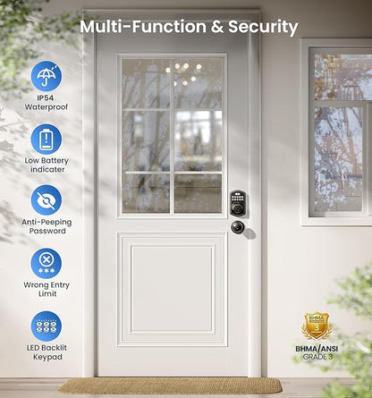 Veise Fingerprint Door Lock with 2 Knobs - Keyless Entry Door Lock with Handle, Electronic Keypad Deadbolt, Smart Front Handle Set, Auto-Locking, Waterproof, Easy Installation, Oil-Rubbed Bronze