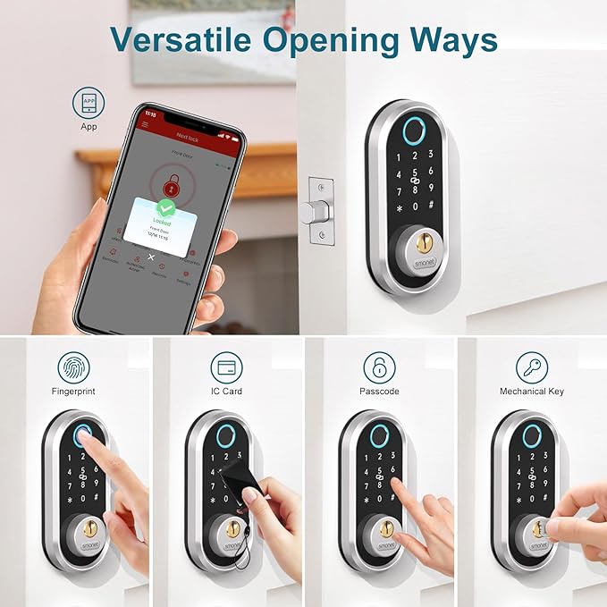Smart Keyless Entry Door Lock - SMONET Fingerprint Electronic Deadbolt Touchscreen Keypad Biometric Digital Bluetooth Door Lock Smart Deadbolt Compatible with Alexa for Homes and Hotel Silver