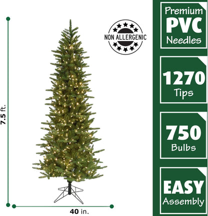Fraser Hill Farm 7.5-Ft. Carmel Pine Slim Artificial Christmas Tree with White Incandescent Smart Lights and Stand, Prelit Foldable Fake Tree with Realistic Foliage for Home Decoration