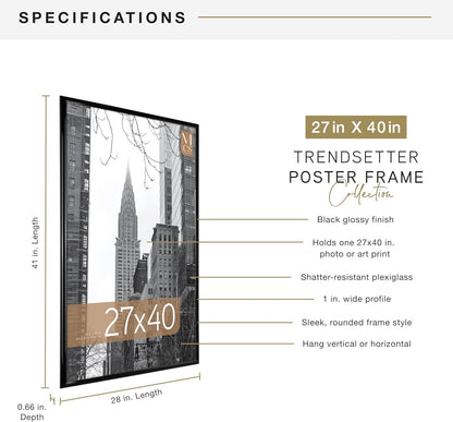 MCS Trendsetter Movie Poster Frame 27x40 Black High-Gloss, Vertical & Horizontal Wall Hanging Large Picture Frame for Photos, Artwork & Custom Posters (1-Pack)