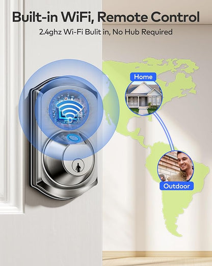 TEEHO TE012W WiFi Smart Lock, Fingerprint Door Lock with Built-in Wi-Fi, Keyless Entry Keypad Smart Deadbolt, App Remote Control, Alexa Compatible, IP55 Waterproof for Front Door – Satin Nickel