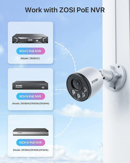 ZOSI 2PK 4MP Add-on Camera with Ethernet Cables,Outdoor PoE Security Camera with Audio,Night Vision,Smart Human Detection,IP66 Weatherproof,Remote Access,Only Work PoE NVR System