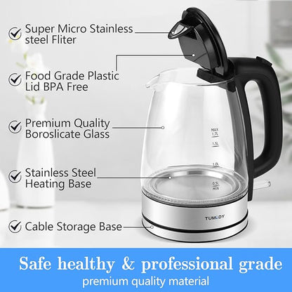 Glass Electric Kettle,1.7L Hot Water Boiler LED Lights, Comfy Touch Handle Wide Opening Cordless Tea Heater for making Tea Coffee (12872)