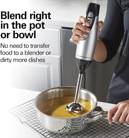 Hamilton Beach 4-in-1 Electric Immersion Hand Blender with Handheld Blending Stick, Whisk + 3-Cup Food & Vegetable Chopper Bowl, 2-Speeds, 225 Watts, Silver and Stainless Steel (59765)