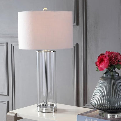 JONATHAN Y 29" Clear/Chrome Modern Glass Table Lamp for Living Room Bedroom, Minimalist Nightstand Bedside Lamp, White Linen Drum Shade, LED Bulb Included JYL2004A