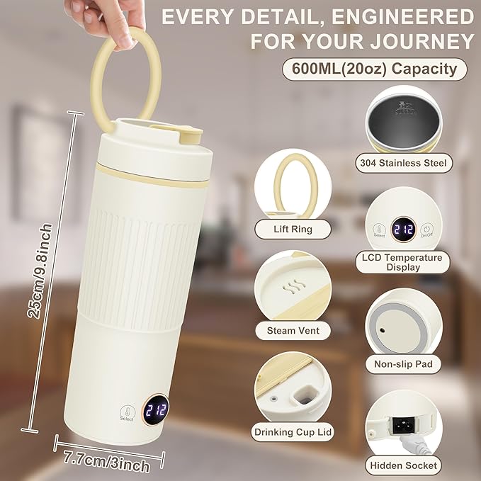 Portable Electric Kettle, 600ML Mini Hot Water Boiler Heater, Travel Kettle with 6 Temperature Settings, 304 Stainless Steel Portable Bottle Warmer with Auto Shut-Off & Boil-Dry Protection