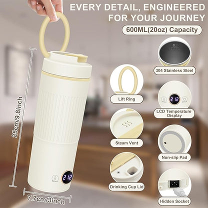 Portable Electric Kettle, 600ML Mini Hot Water Boiler Heater, Travel Kettle with 6 Temperature Settings, 304 Stainless Steel Portable Bottle Warmer with Auto Shut-Off & Boil-Dry Protection
