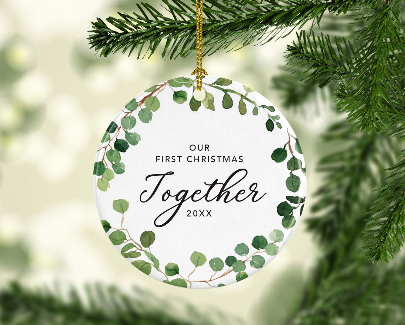 Andaz Press Custom Year Round Ceramic Porcelain Christmas Tree Ornament Keepsake Collectible Gift, Our First Christmas as Mr. & Mrs. 2025, Farmhouse Eucalyptus Wreath, 1-PackCouple