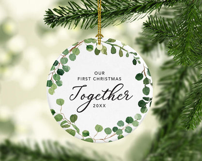 Andaz Press Custom Year Round Ceramic Porcelain Christmas Tree Ornament Keepsake Collectible Gift, Our First Christmas as Mr. & Mrs. 2025, Farmhouse Eucalyptus Wreath, 1-PackCouple
