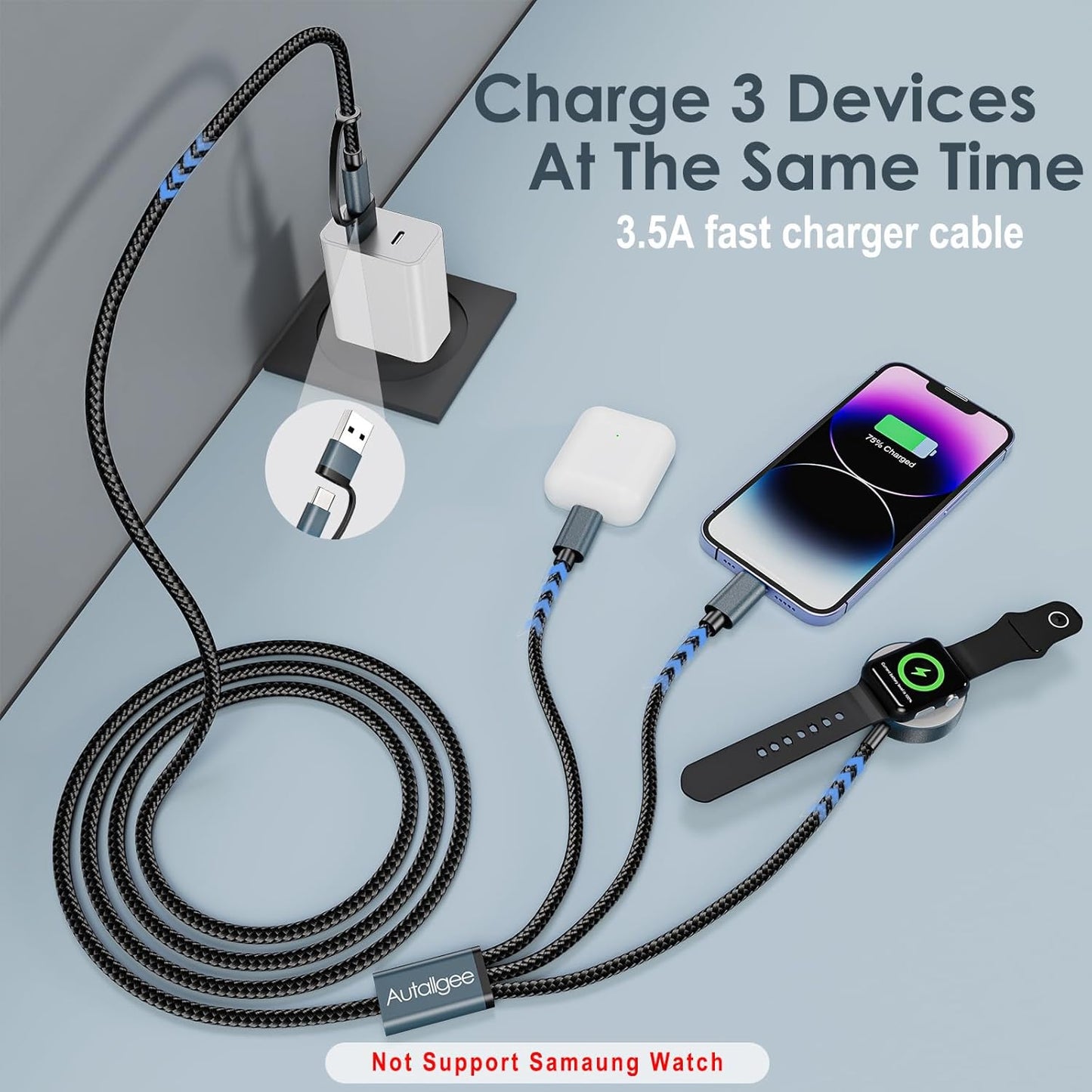 5FT iWatch Charger 3 in 2 for Apple Watch Charger Travel Essentials Multi Charging Cable Fast Charging Compatible with iWatch Series 10 /Ultra/SE/9/8/7/6/5/4/3/2/1 & iPhone 16/15/14/13/SE/Galaxy S24