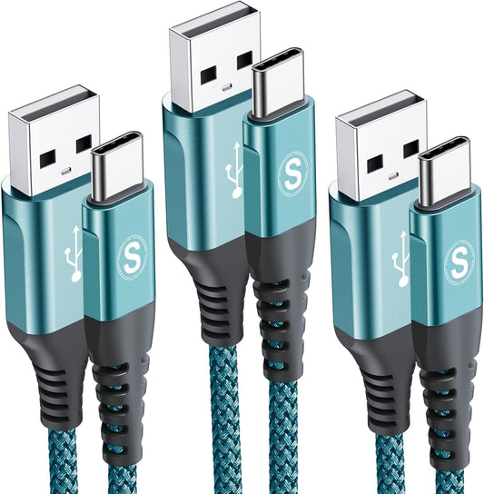 USB C Cable 3.1A Fast Charging [3Pack,10ft+6.6ft+3.3ft], sweguard USB-A to USB-C Charger Nylon Braided Cord for Samsung Galaxy S21 S20 S10 S9 S8 Plus/FE Note 20 10 9 8 7, A71 A51 A32,LG,Moto,PS5-Green