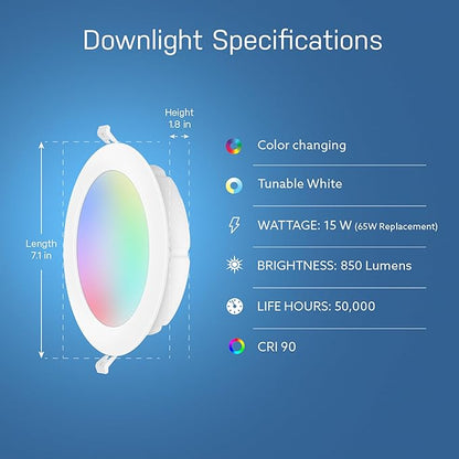 Feit Electric 6" Smart LED Canless Recessed Downlight, 65W EQ, Dimmable, Wifi Enabled, Compatible with Alexa and Google Home Asst, Color Changing, 90 CRI, 850 Lumens
