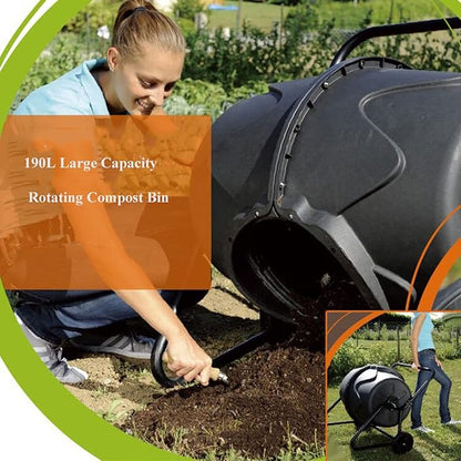 Electric Compost Bin Compost Tumbler Bin with Wheels and Handle, Mobile Heavy Duty Rotating Outdoor Organic Compost Bin Tumbling Mixer Composter for Kitchen Waste & Garden Clippings, Large 190L/50 Gal