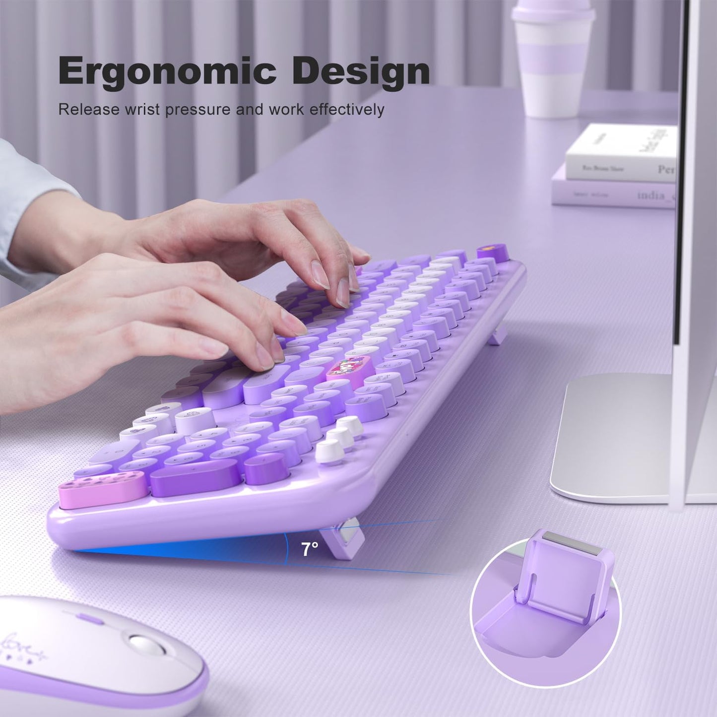 KNOWSQT Wireless Keyboard and Mouse Combo - Lovely Purple Rainbow Full-Sized Typewriter Colorful Keyboards, Round Keycap USB Plug Play Retro Cute Keyboards for Windows, Laptop, PC, Desktop, Computer