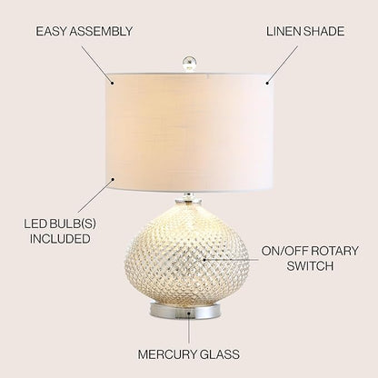 JONATHAN Y 22.5" Mercury Silver Textured Glass Table Lamp, Contemporary Nightstand Lamp for Living Room Bedroom, White Linen Drum Shade, LED Bulb Included JYL1082A