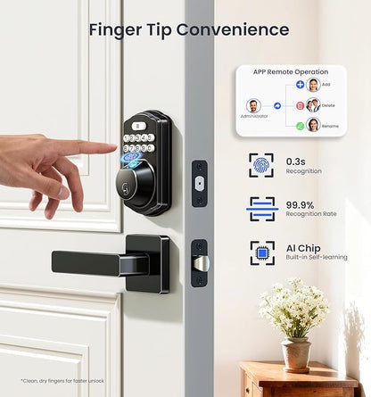 Veise VE012W-L Built-in Wi-Fi Fingerprint Smart Lock with Lever Handle Set, App Remote Control, Keyless Entry for Front Door, Deadbolt Digital Backlit Keypad, Voice Assistant, Auto Lock, Matte Black