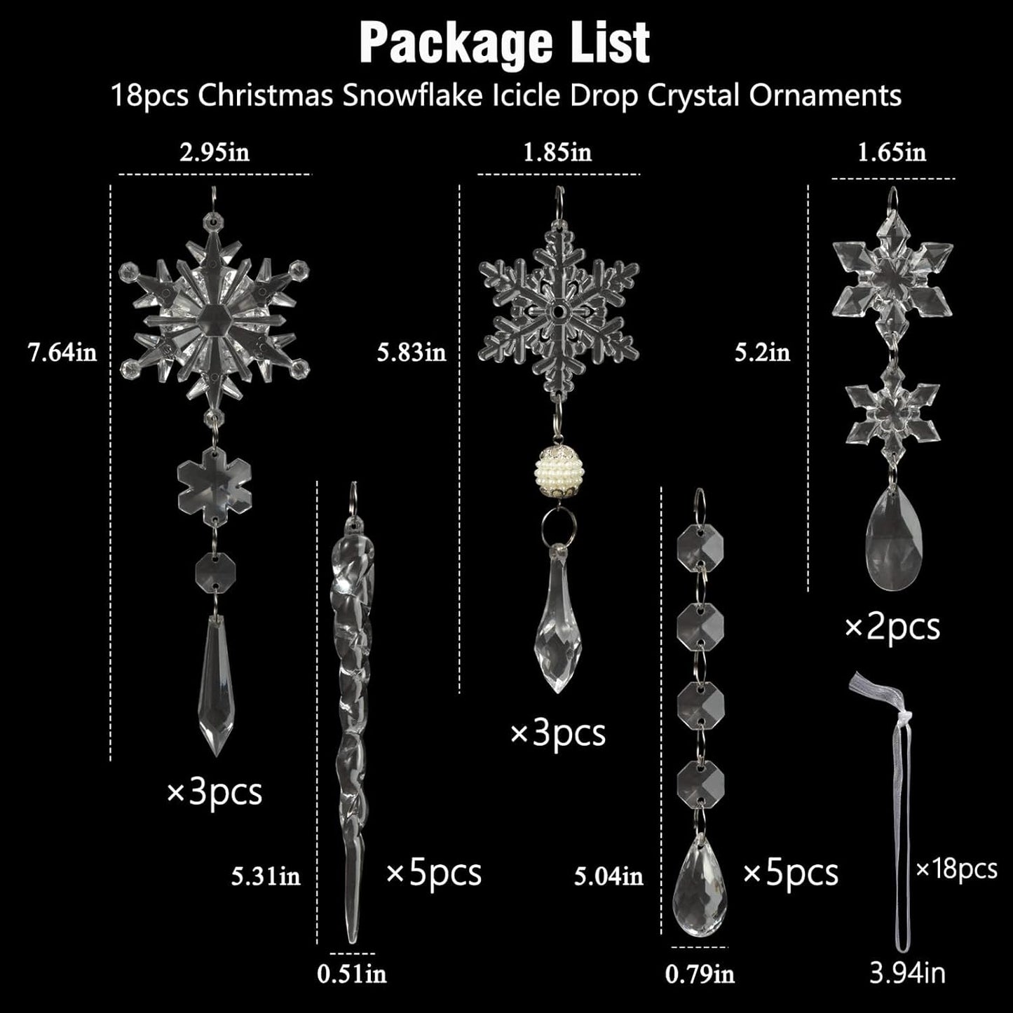18pcs Christmas Tree Decoration Crystal Ornaments - Hanging Acrylic Christmas Snowflake Icicle Drop Crystal Ornaments for Xmas Tree Winter New Year Party Supplies