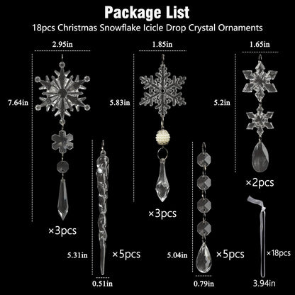 18pcs Christmas Tree Decoration Crystal Ornaments - Hanging Acrylic Christmas Snowflake Icicle Drop Crystal Ornaments for Xmas Tree Winter New Year Party Supplies