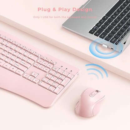 Wireless Keyboard and Mouse - Full Size Ergonomic Keyboard with Palm Wrist Rest Ergonomic Mouse Cordless for Windows Computers Laptops - Light Pink (Upgrade)
