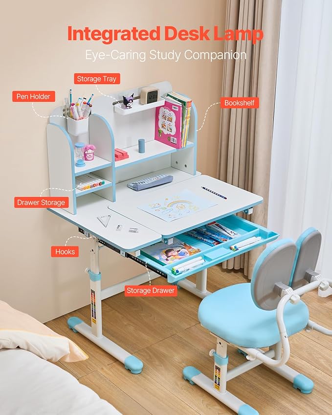 VEVOR Kids Study Chair and Desk Set, Study Desk and Chair for Kids with Bookshelf & Storage Drawer, Adjustable Height & 0-40 Tilted Desktop, Blue