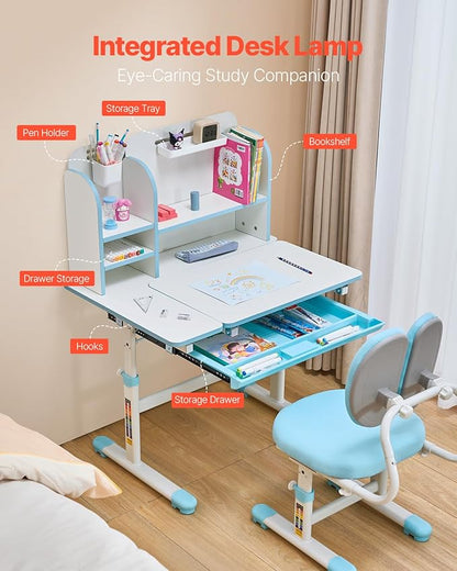 VEVOR Kids Study Chair and Desk Set, Study Desk and Chair for Kids with Bookshelf & Storage Drawer, Adjustable Height & 0-40 Tilted Desktop, Blue