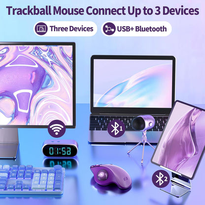 seenda Wireless Trackball Mouse, Bluetooth Rollerball Thumb Control Mice Ergonomic, Rechargeable, Multi Devices Connection Compatible for Mac/Android/Windows Computers - Purple
