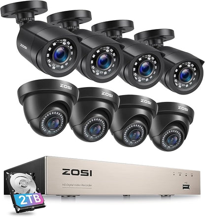 ZOSI 8CH 3K Lite Security Camera System Outdoor with 2TB Hard Drive, AI Human/Vehicle Detection, Night Vision, 8Channel CCTV Home DVR and 8pcs 1080P HD Weatherproof Surveillance Cameras
