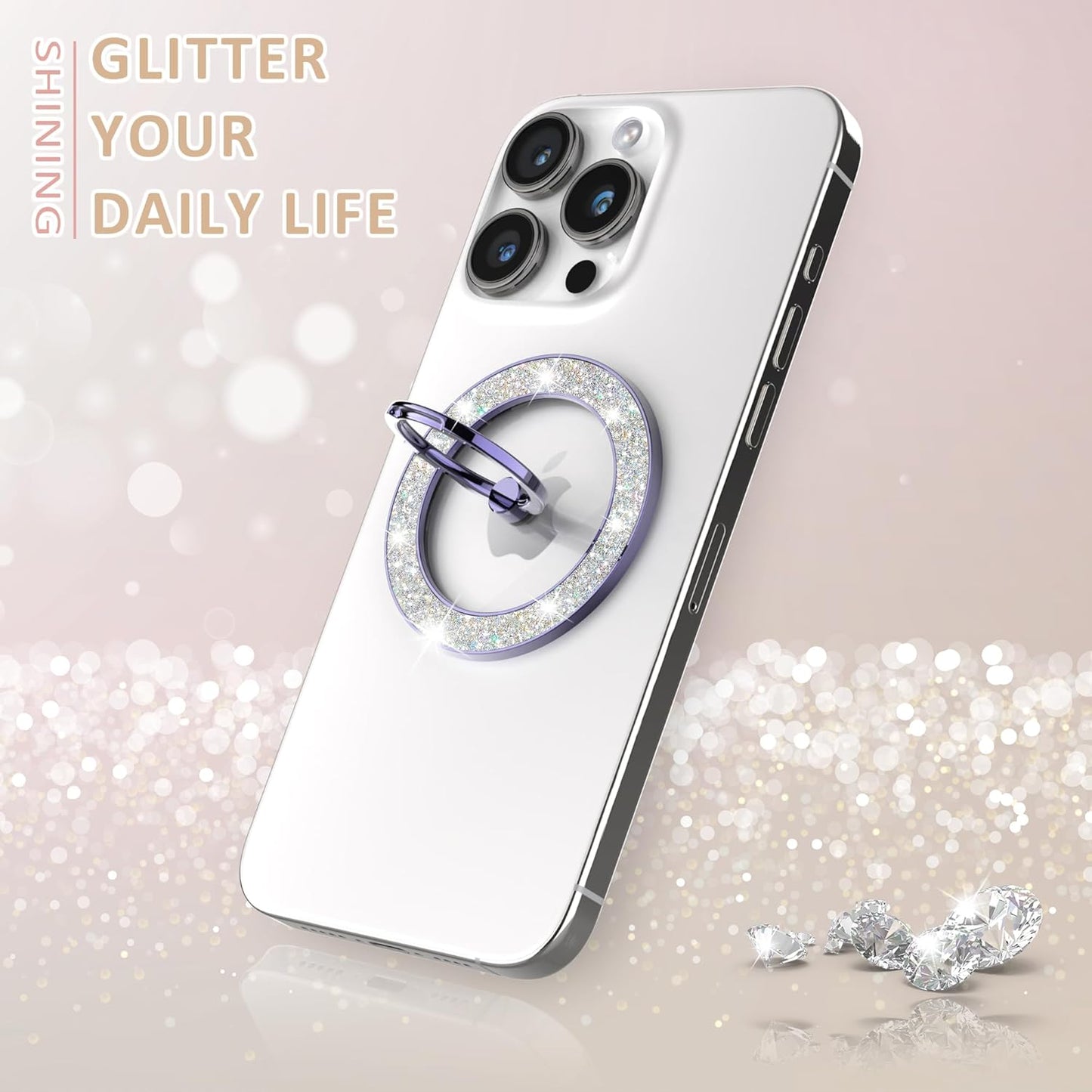 Magnetic Phone Ring Holder for MagSafe, Magnetic Phone Grip for iPhone, Compatible with iPhone MagSafe Wireless Charging. (Glitter Purple)