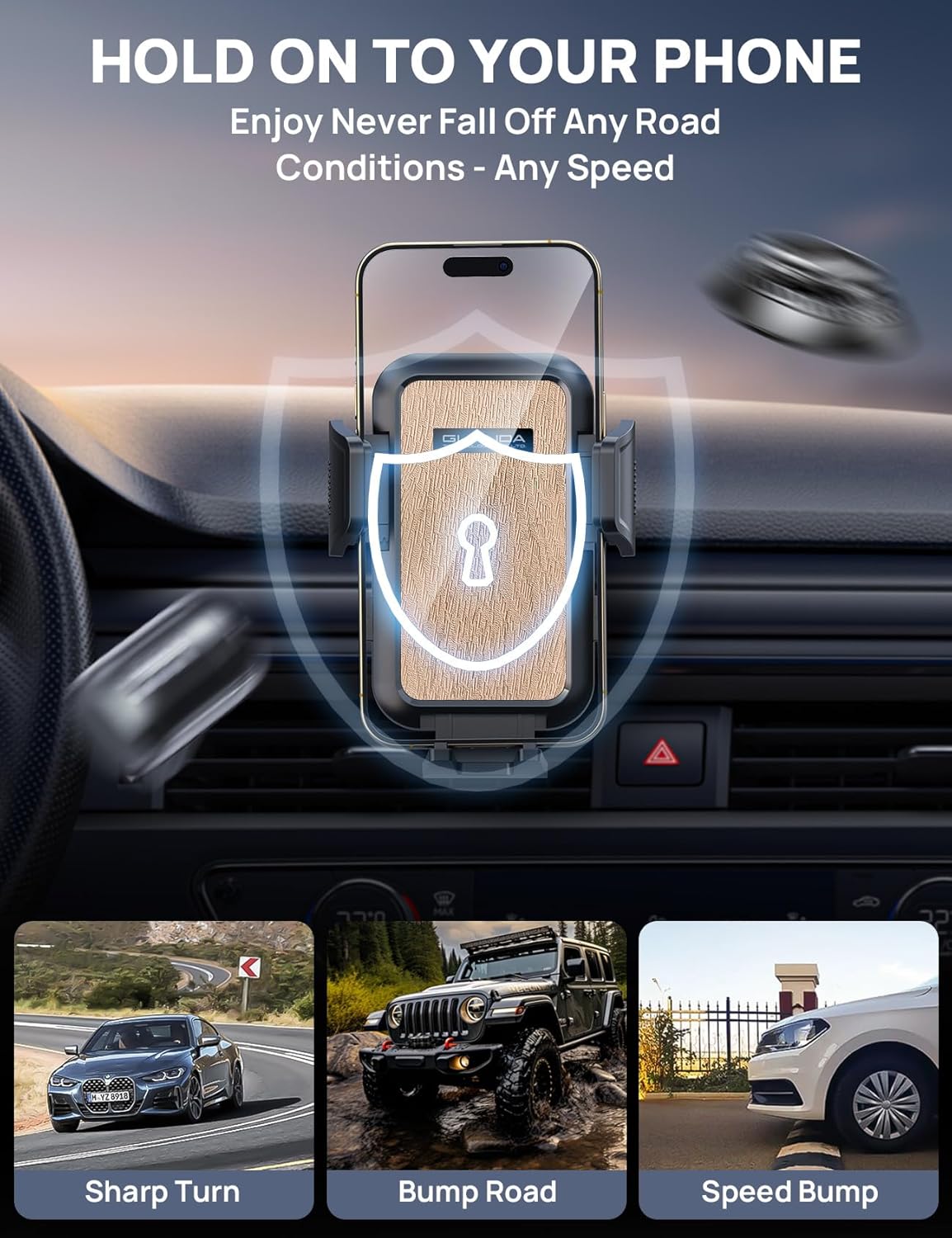 [2025 New] Dashboard Phone Holders for Your Car [Military Grade Stable] Phone Holders for Your Car, Non-Slip Silicone Carbon Fiber Car Phone Mount, Rotatable Suction Cup for All Phone, Gold