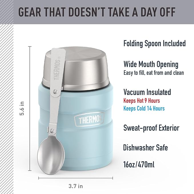 THERMOS Stainless King Vacuum-Insulated Food Jar with Spoon, 16 Ounce, Matte Powder Blue
