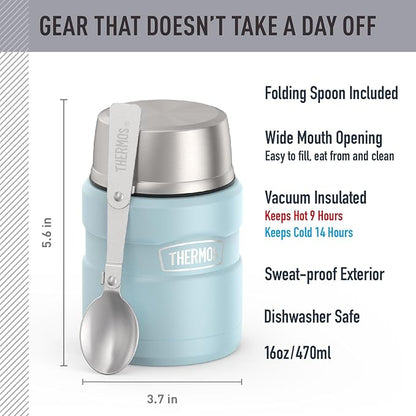 THERMOS Stainless King Vacuum-Insulated Food Jar with Spoon, 16 Ounce, Matte Powder Blue