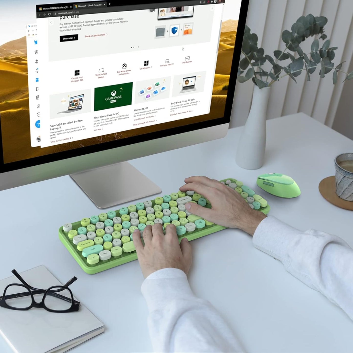 KNOWSQT Wireless Keyboard and Mouse Combo, Green Colorful 2.4G Typewriter Full-Size Retro Keyboards - USB Receiver Plug and Play, for Computer, PC, Laptop, Desktop, Windows