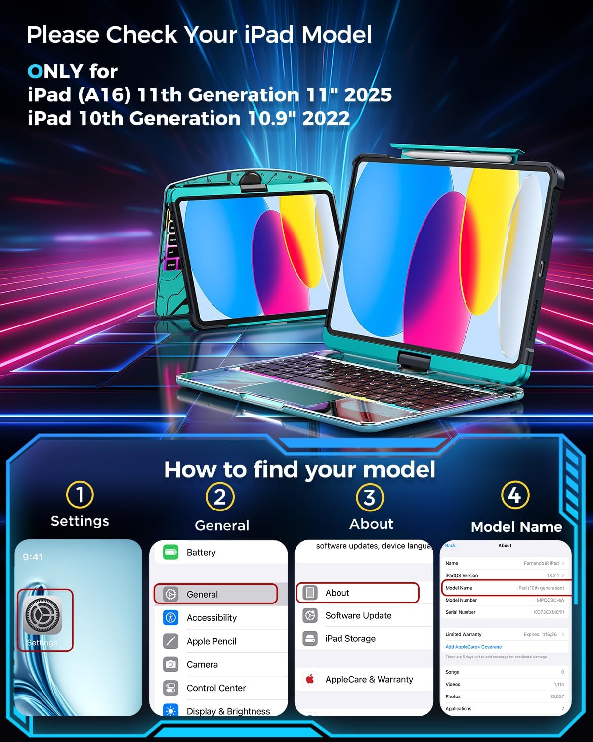 TSQQST Clear Wireless Keyboard Case for iPad (A16) 11th Generation 11-inch 2025/ iPad 10th Generation 10.9-inch 2022 with Pencil Holder & Multi-Touch Trackpad, 7-Color Backlight, 360 Rotatable, Blue